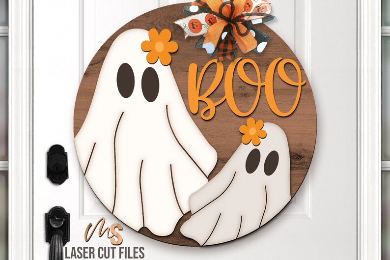 Cute Halloween Ghost Door Hanger Svg - Floral Cute Ghost Svg - Boo Svg - Laser Cut Files - Boho Halloween Sign Svg - Glowforge Files - Halloween Welcome Sign Svg - Halloween Door Hanger - Halloween Porch Sign - Halloween Decor - Front Door Decor