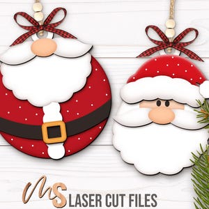 SVG Laser Cut Files for a bundle of Christmas Ornaments featuring Santa Claus and his Reindeer. The bundle includes two different views of each character, one focusing on a close up and one of the full Santa and Reindeer. Each Reindeers nose can be painted red to look like Rudolph! Perfect for making Christmas Ornaments, Santa Ornaments, Reindeer Ornaments, Christmas Decorations and Decor!