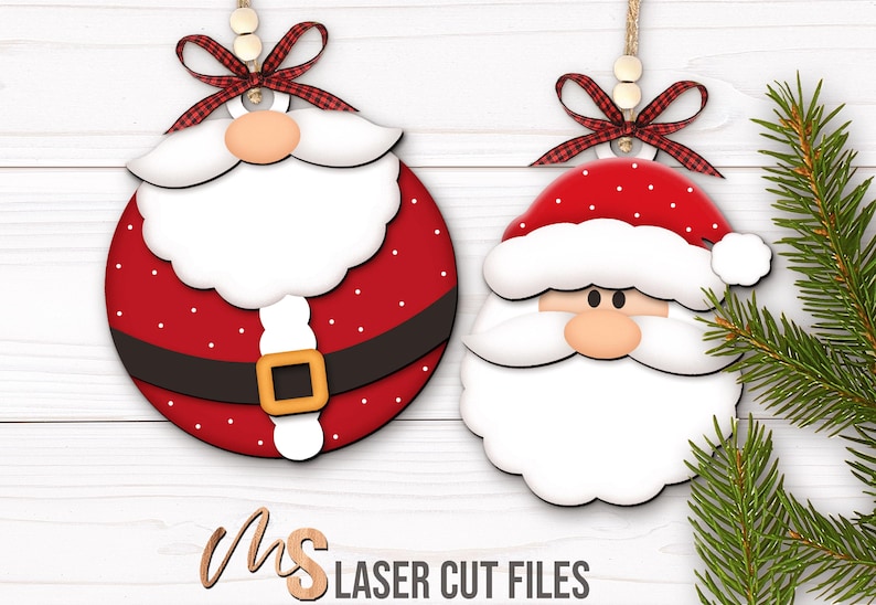 SVG Laser Cut Files for a bundle of Christmas Ornaments featuring Santa Claus and his Reindeer. The bundle includes two different views of each character, one focusing on a close up and one of the full Santa and Reindeer. Each Reindeers nose can be painted red to look like Rudolph! Perfect for making Christmas Ornaments, Santa Ornaments, Reindeer Ornaments, Christmas Decorations and Decor!