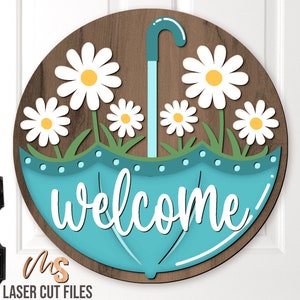 Panneau de bienvenue floral parapluie Svg - accroche-porte printemps - Svg parapluie - fichiers découpés au Laser - Daisy - panneau de porte printemps - Glowforge Cricut