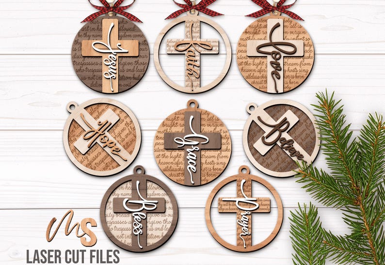 An SVG Laser Cut Files bundle of a set of 8 Religious Cross Ornaments with both outlined and non outlined versions, engravings for both 'Our Father Who Art In Heaven' and 'Silent Night Holy Night', and layered on words with 8 options including Jesus, Faith, Love, Hope, Grace, Bless, Believe, and Prayer. Mix and match your favorites to make beautiful Christian Christmas Ornaments, Cross Ornaments, Religious Car Charm accessories, and other faith themed Christmas Decorations!