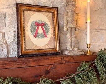 Vintage Christmas Wreath Print | Red Bow Holiday Wall Art (Digital Download)