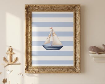 Sailboat Nursery Print | Blue Striped Nautical Wall Art (Digital Download)