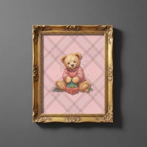 Vintage Teddy Bear Christmas Print – Pink Plaid Nursery Art (Digital Download)