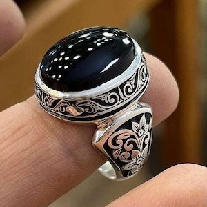 Natural Black Agate Sterling Silver 925 Handmade Ring Elegant Black Agate Mens Ring with Beautiful Engraving Agate Ring, Gift for him