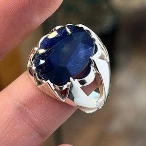 18 Carat Natural Blue Sapphire Sterling Silver 925 Handmade Ring, Real Deep Blue Sapphire, Beautiful Neelam Ring, Gift for him