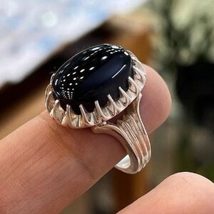 Natural Black Agate Sterling Silver 925 Handmade Ring Black Aqeeq Ring, Beautiful Unisex Black Agate Ring