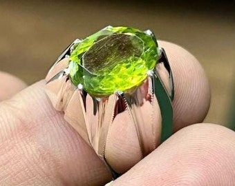 4.5 Carat Real Green Peridot Sterling Silver 925 Handmade Ring, Top Quality Peridot Ring, Beautiful August Birthstone Green Peridot Men Ring
