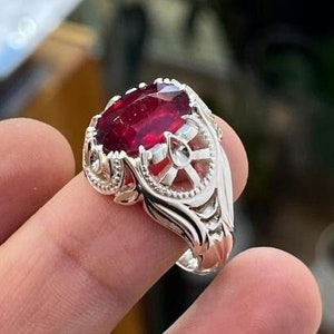 Anel de prata esterlina 925 de rubi natural de alta qualidade de 7 quilates, anel de rubi vermelho elegante, anel de rubi vermelho profundo real