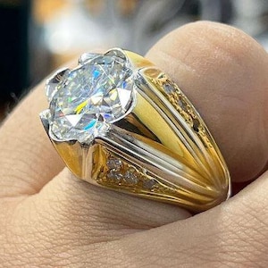 8 Carat Natural Moissanite Diamond Sterling Silver 925 Handmade Mens Ring, Real Golden Moissanite Diamond Mens Engagement Ring, Gift for him
