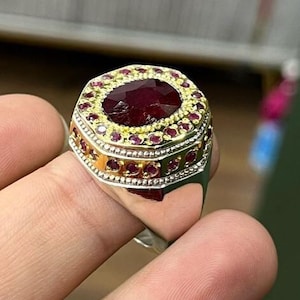 Anel de prata esterlina 925 de rubi natural de alta qualidade, 10 quilates, feito à mão, elegante anel de rubi vermelho birmanês, anel de rubi vermelho profundo real, presente para ele