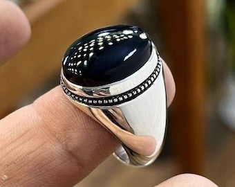 CTHY RING [ BLACK AGATE ] 13号 ANTIQUE Vintage, Sterling Silver, Black and White Agate Stone, Ring
