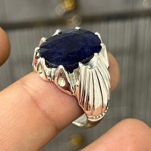 15 Carat Natural Blue Sapphire Sterling Silver 925 Handmade Mens Ring, Real Blue Sapphire, Elegant Neelam Ring, Gift for him