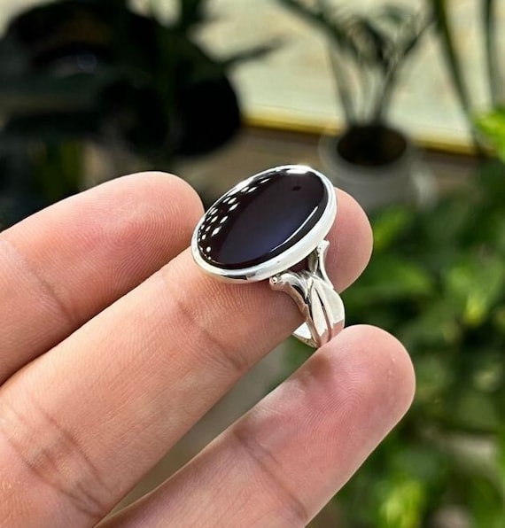 Handmade Black Agate Ring: Sterling Silver 925 Aqeeq Gemstone