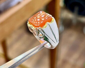 本物のオレンジアゲートスターリングシルバー925ハンドメイドリング