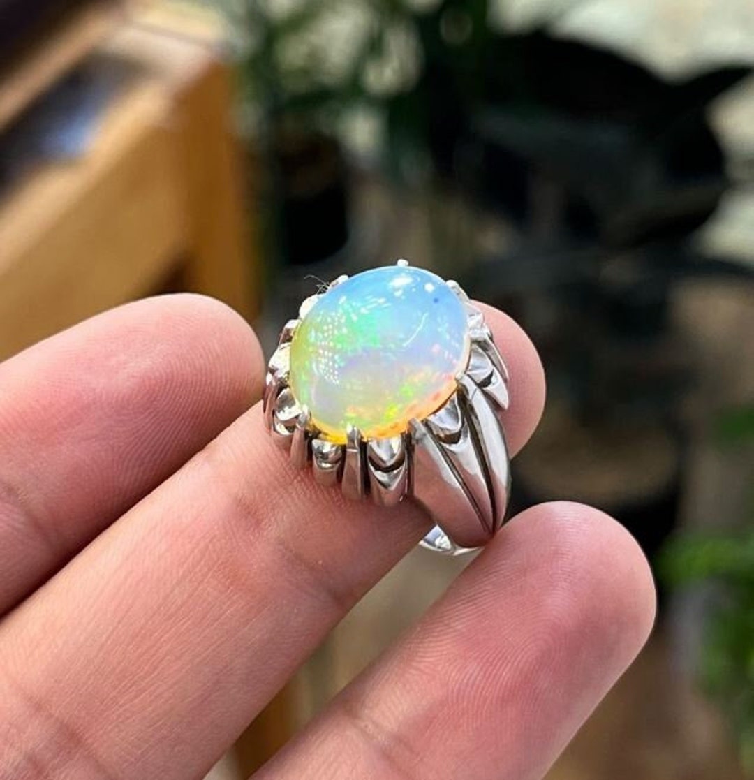 Anello A Onda In Argento 925 Con Opale Di Fuoco Blu Sintetico, Regolabile, Gioiello Vintage Per Donna