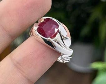 Anel de prata esterlina 925 com rubi natural de 4 quilates, feito à mão, anel de rubi moçambicano de alta qualidade, lindo anel de rubi, anel de presente de aniversário