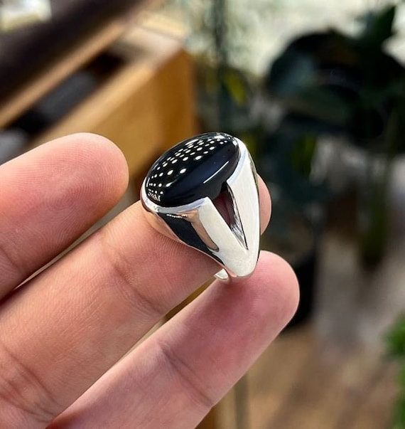 Natural Black Agate Sterling Silver 925 Handmade Ring Black Agate