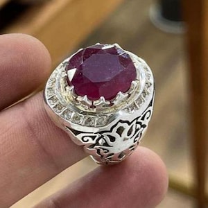 Anel de prata esterlina 925 de rubi real de alta qualidade feito à mão, anel de rubi vermelho birmanês de prata pesada, anel de rubi vermelho de luxo, presente para ele