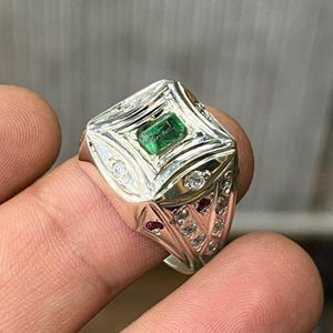 Natural Emerald Sterling Silver 925 Handmade Ring, Real Luxury Emerald Ring, High Quality Mens Colombian Emerald Ring