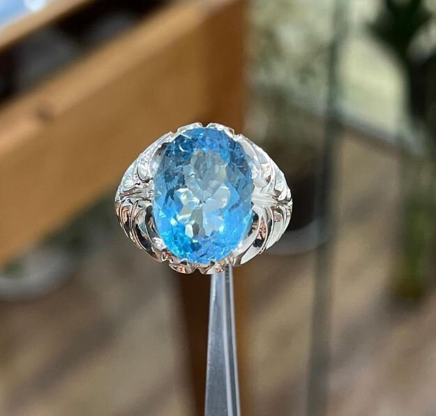 Rare 13 Carat Blue Topaz Sterling Silver 925 Handmade Ring