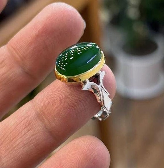 Oval Cut Real Yemni Green Agate Sterling Silver 925 Handmade Ring 