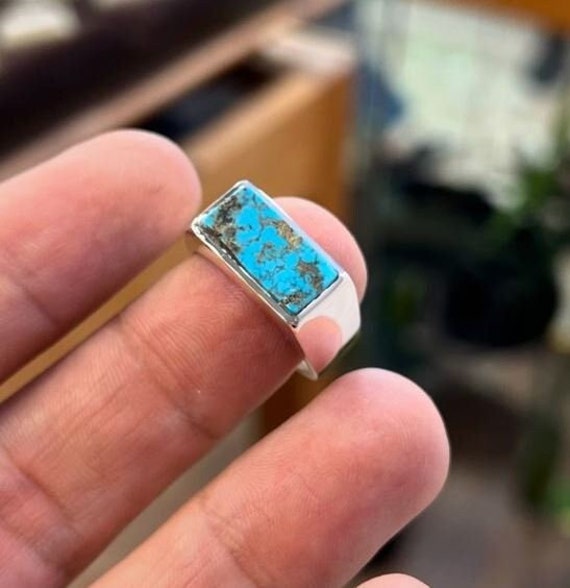 Rectangular Unisex Turquoise Ring Taxco Sterling Silver Ring With - Main Image
