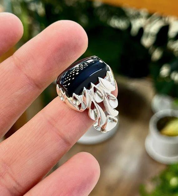 Handmade Black Agate Ring: Square Sterling Silver Aqeeq