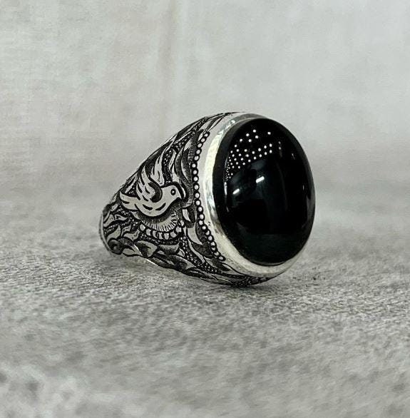 天然ブラックアゲート スターリングシルバー 925 ハンドメイドリング