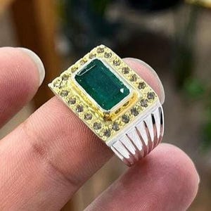 High Quality Deep Green Emerald Sterling Silver 925 Handmade Ring, Rare Green Emerald Ring Natural Green Emerald Ring, Golden Emerald Ring