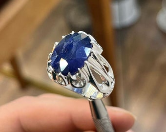 ハンドメイド10カラットブルーサファイアリング：スターリングシルバー