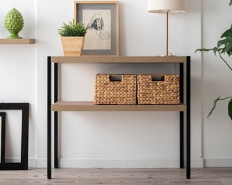High entrance console, entrance furniture with 2 shelves in oak-effect honeycomb melamine - Made in Italy