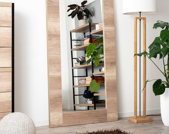 Large full-length floor mirror with oak effect honeycomb melamine frame - Made in Italy