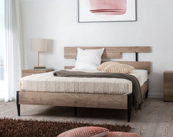 Letto matrimoniale alla francese, struttura in melaminico effetto rovere, doghe incluse - Made in Italy