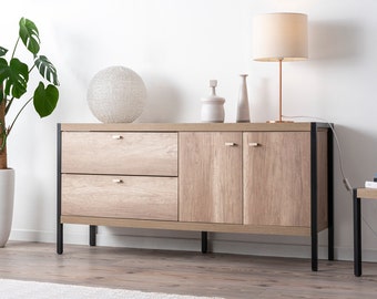Low sideboard, modern sideboard in oak-effect honeycomb melamine, with doors and drawers