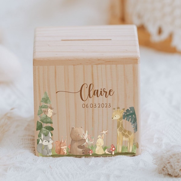 Personalized wooden money box, jungle animal money box, piggy bank personalized, money box child, baby gift for birth, christmas gift