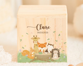 Personalized money box wood  jungle animal, piggy bank personalized, money box child, baby gift for birth, wooden money box, easter gift