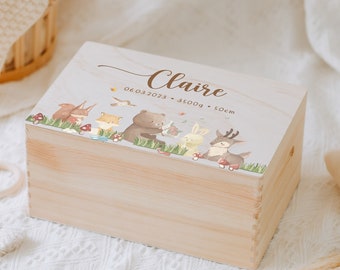 Personalized baby memory box, cute animal baby souvenir box, keepsake box for kids, gift for birth, baby baptism gift