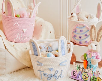 Personalized Bunny Baskets, Bunny Ear Rope Basket, Kids Cotton Rope Basket, Baby Shower Gift Basket, Baptism Gifts, Newborn Gift, Toy Basket