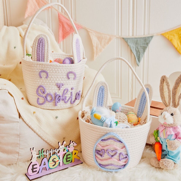 Cestini coniglietti personalizzati, cesto in corda per orecchie da coniglio, cesto in corda di cotone per bambini, cesto regalo per baby shower, regali di battesimo, regalo per neonato, cesto di giocattoli