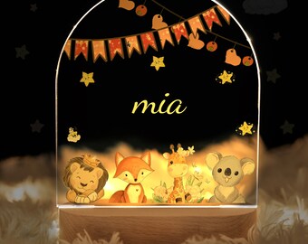 Customized name night light for baby, luminous 4 animal acrylic board creative night light, kids room gift