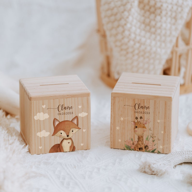Personalized money box wood giraffe, piggy bank personalized, money box child, baby gift for birth, wooden money box image 1