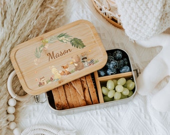 Boîte à lunch personnalisée pour enfants, boîte à lunch pour enfants, maternelle, boîte à lunch animaux de la jungle, cadeau de rentrée scolaire, cadeau de baptême