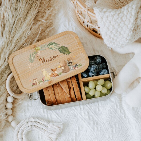 Boîte à lunch personnalisée pour enfants, boîte à lunch pour enfants, maternelle, boîte à lunch animaux de la jungle, cadeau de rentrée scolaire, cadeau de baptême