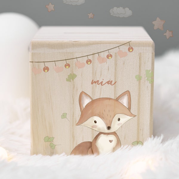 Personalized money box for kid, wooden money box for child, children money box with cute animal