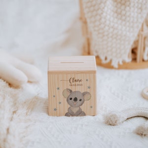 Personalized money box wood giraffe, piggy bank personalized, money box child, baby gift for birth, wooden money box Koala