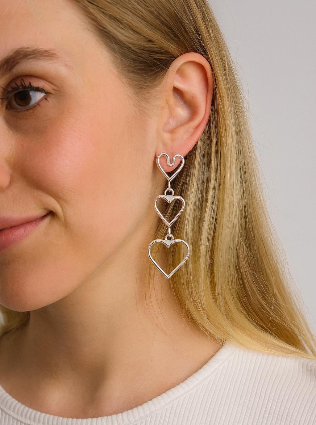 Triple Heart Dangle Earrings For Women - Silver Rhinestone Dangling Earrings, Trendy Gift For Her - View #9