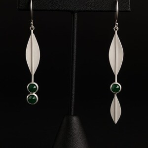 Silver Leaf Earrings: Natural Emerald Dangle, Minimalist Jewelry