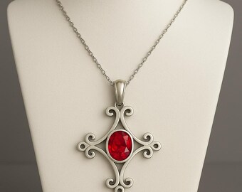 Sterling Silver Filigree Ruby Necklace: Vintage Red Gemstone Pendant