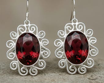 Garnet Oval Sterling Silver Dangle Earrings Filigree Scrollwork Jewelry